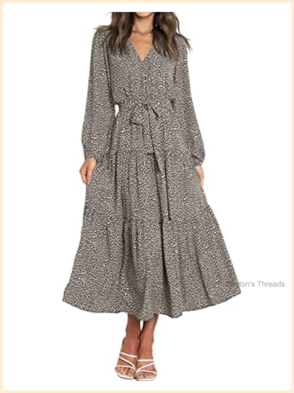 Long Sleeve Wrap V Neck Midi Dress Flowy Chiffon Tiered Ruffle with Belt